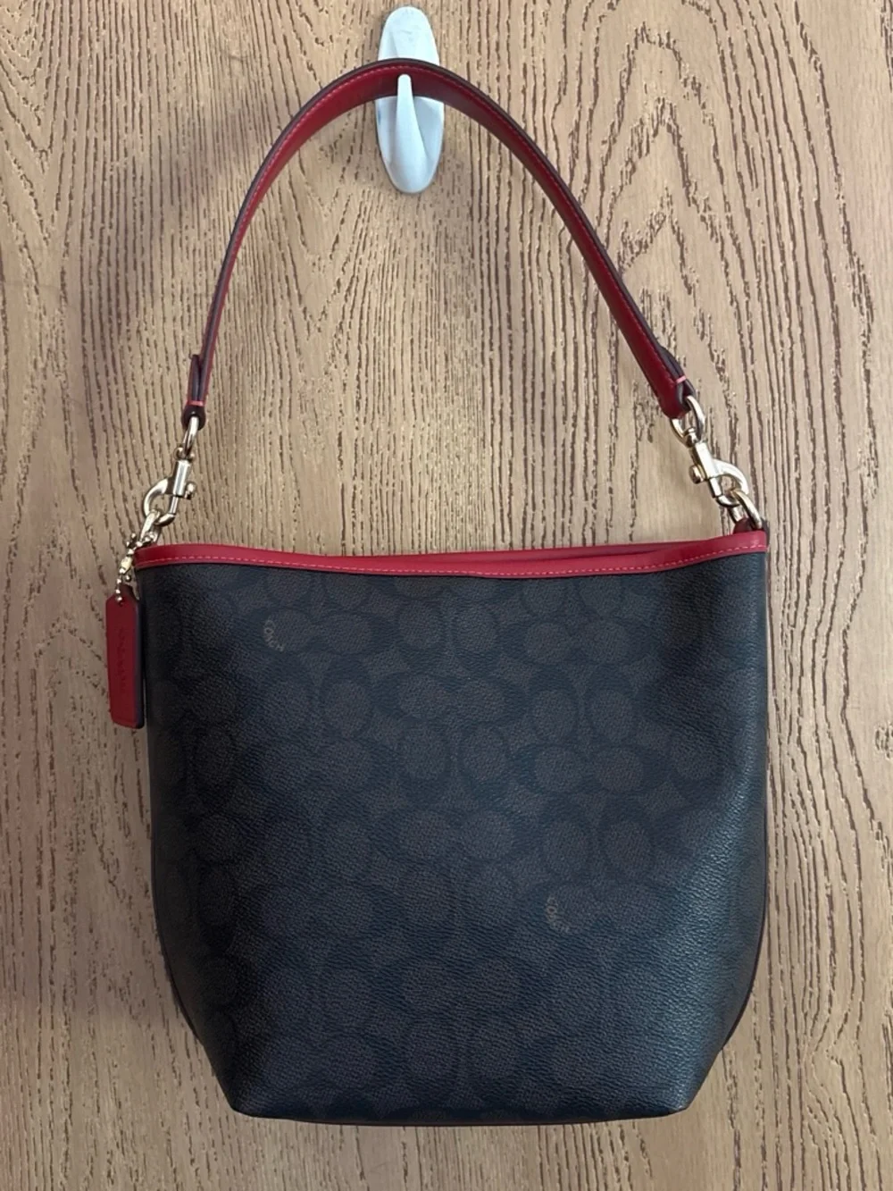 Coach City Bucket Bag Signature Canvas with Red Trim and Gold Hardware